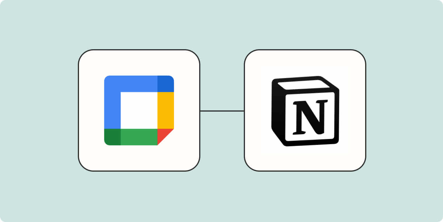A hero image of the Google Calendar app logo connected to the Notion app logo on a light blue background.