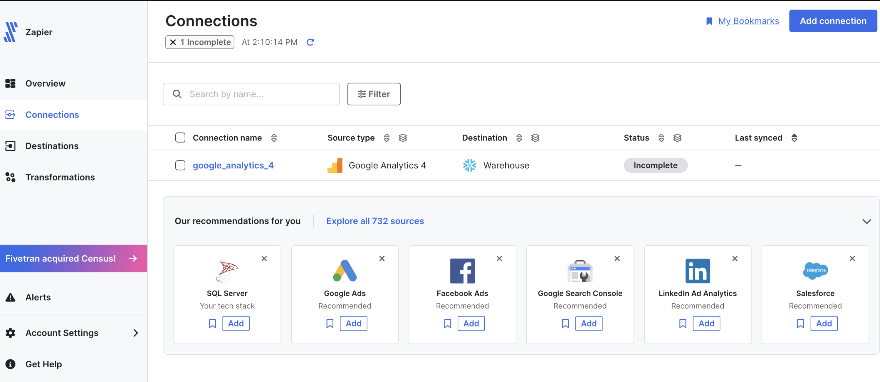 A screenshot of Fivetran, an ETL tool.
