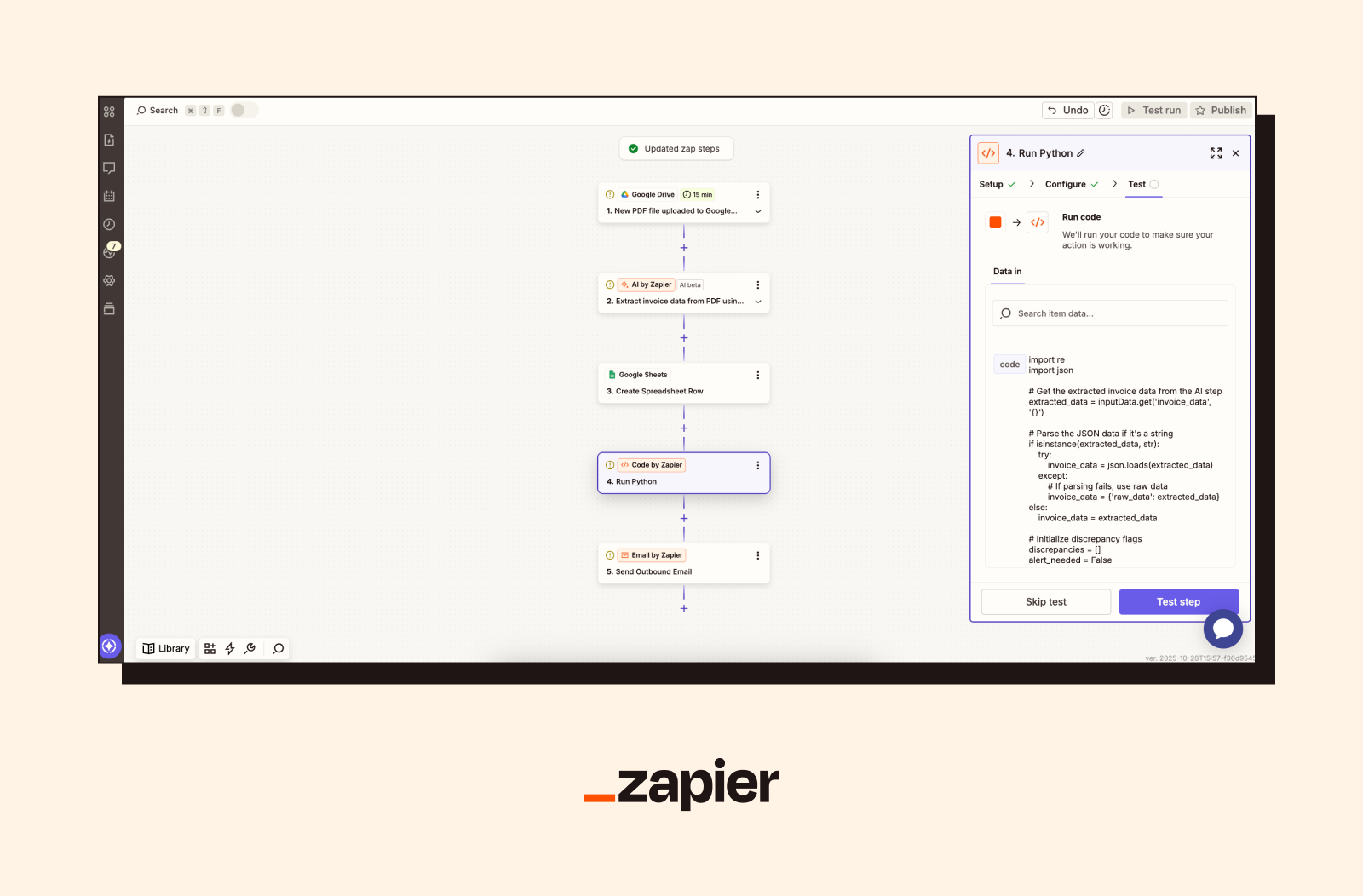 Screenshot of a Zapier finance workflow automation