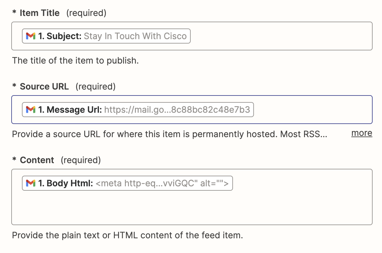 A screenshot of the Feed Title, Source URL, and Content fields in the Zap editor.