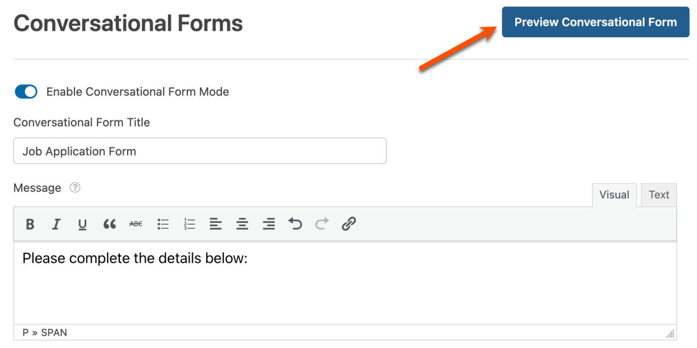 Conversational form title and message in WPForms
