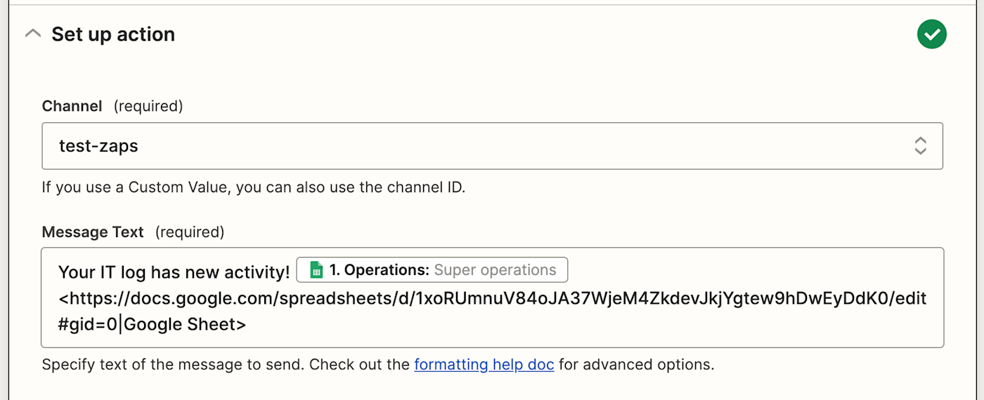 The Slack "Message Text" field with text entered in the field and a Google Sheet data point.