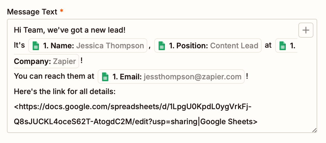 The Slack "Message Text" field with text entered in the field and a Google Sheet data point.