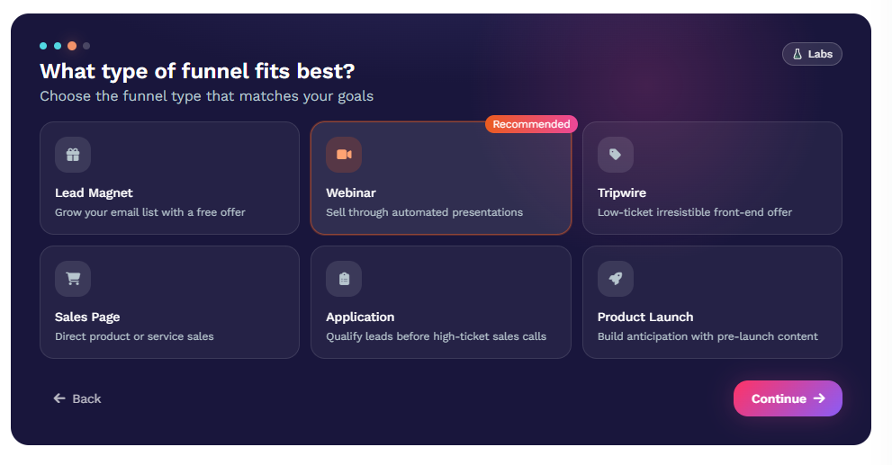 Selecting a funnel type on ClickFunnels