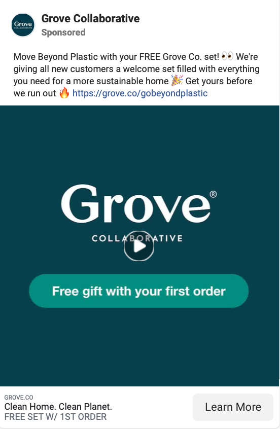 The ad on Facebook for Grove collaborative, including a video
