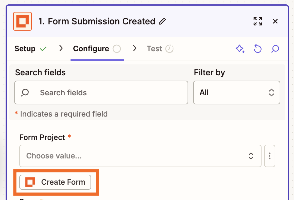 The configuration page for a Zapier Forms trigger step