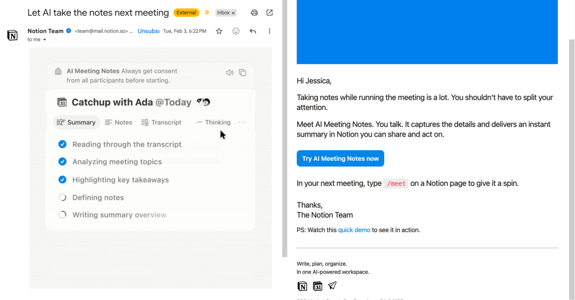 Notion email with an example of AI Meeting Notes in action, along with three CTAs to try the feature. 