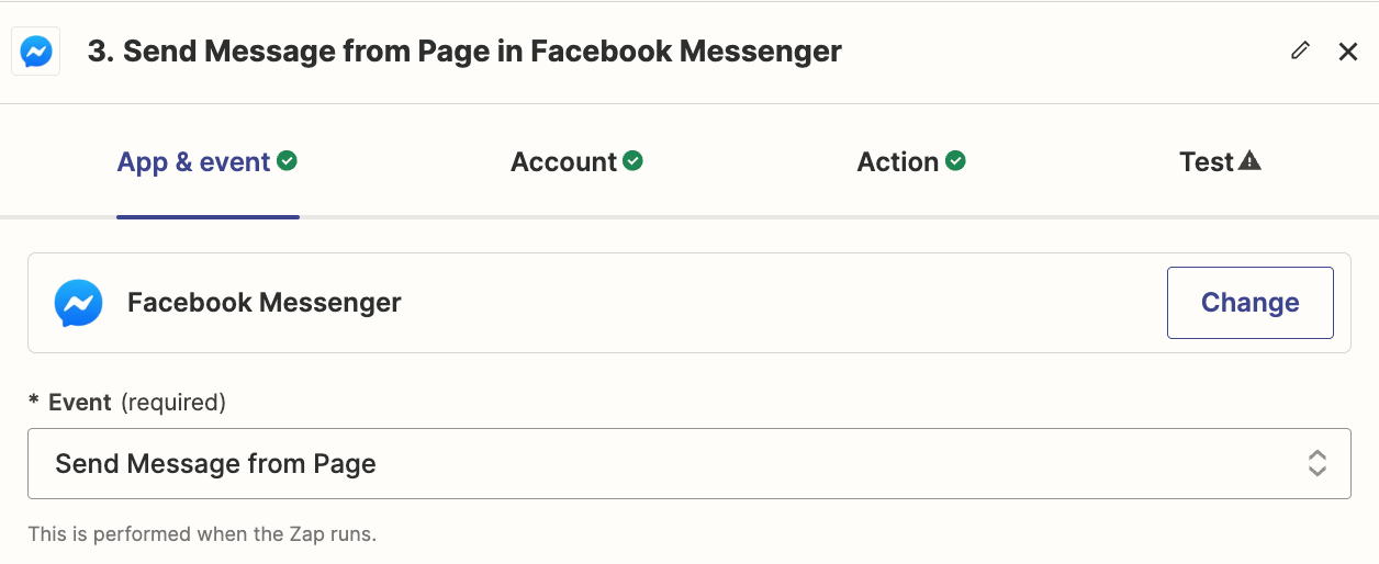 An action step in the Zap editor with Facebook Messenger selected for the action app and Send Message from Page selected for the action event.