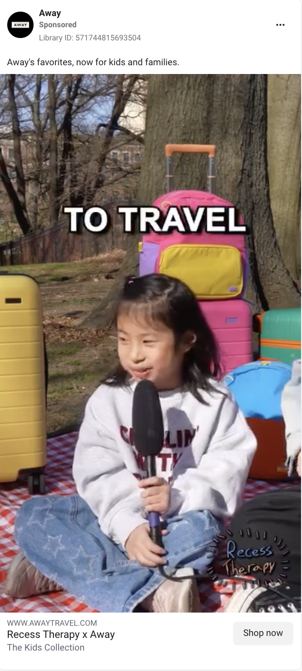Moment-based video Facebook ad example from Away. 