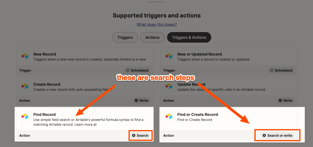 The "Search" or "Search or write" label will be located at the bottom-right corner of a listed action.
