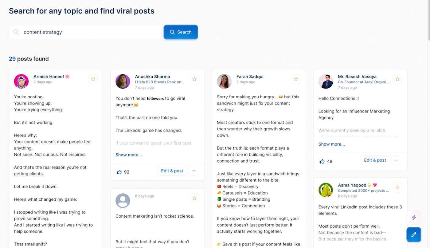 Taplio's viral posts library. 
