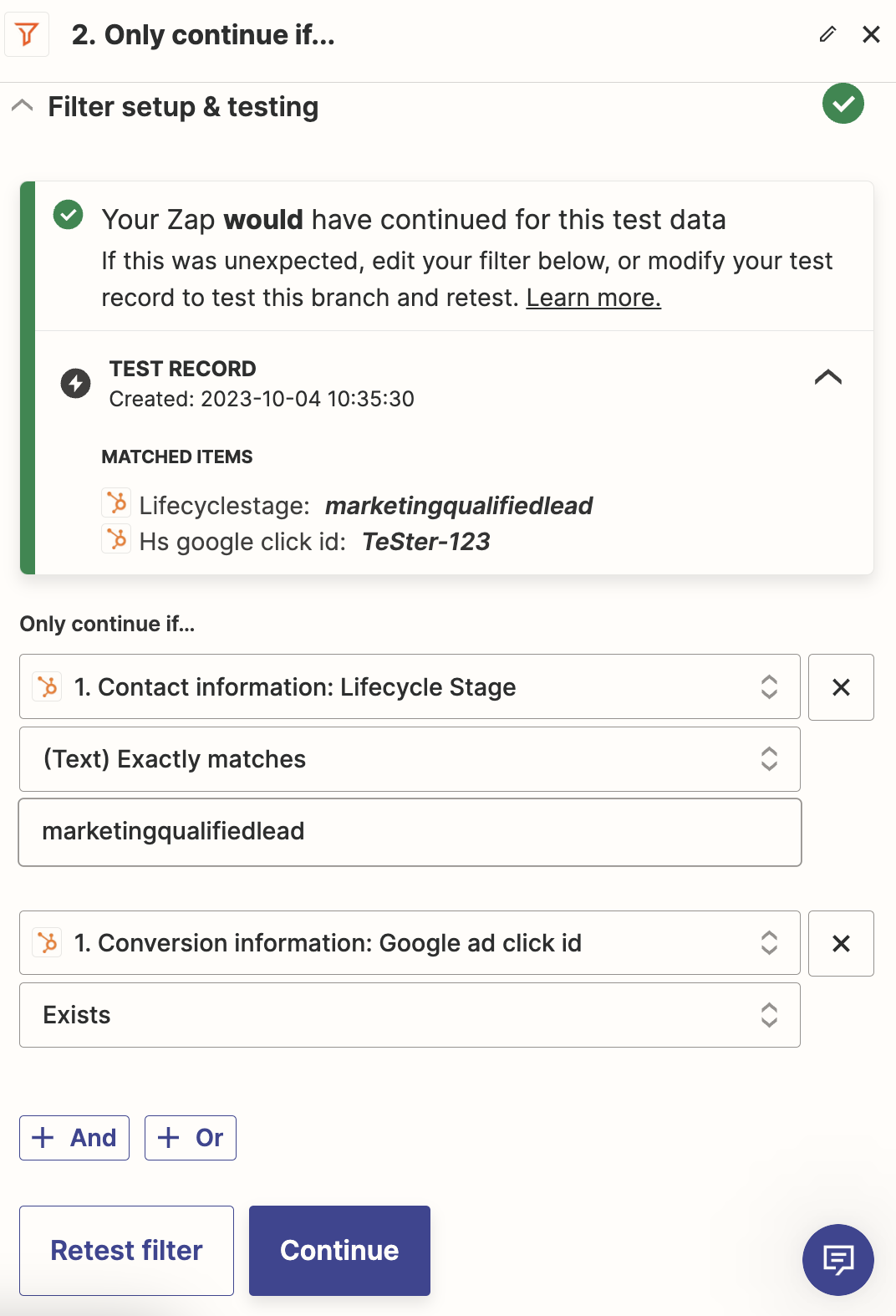 A screenshot of a successful filter step test in the Zapier editor.