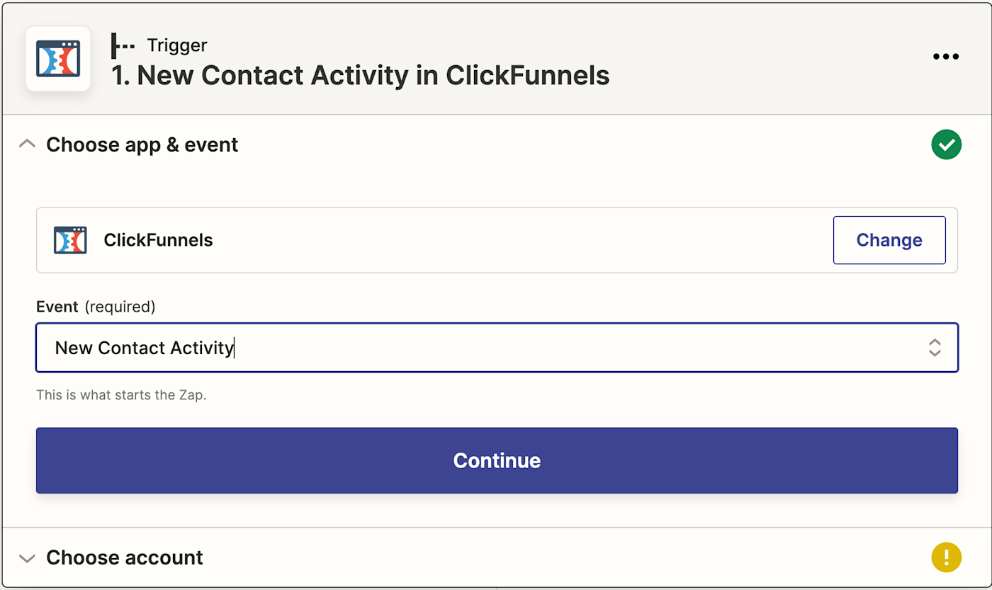 The ClickFunnels app logo selected for the app with New Contact Activity selected in the Event dropdown menu.