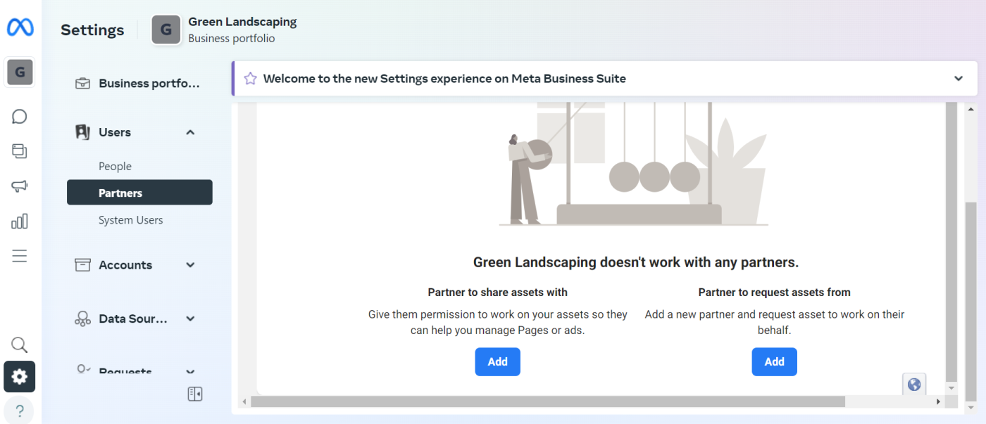 The options to share with or request assets from partners on Meta Business Suite