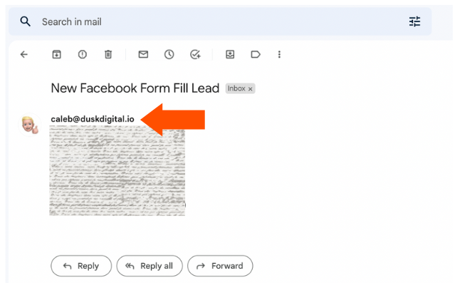 An email in a Gmail inbox with a large orange arrow pointing to the sender email address.