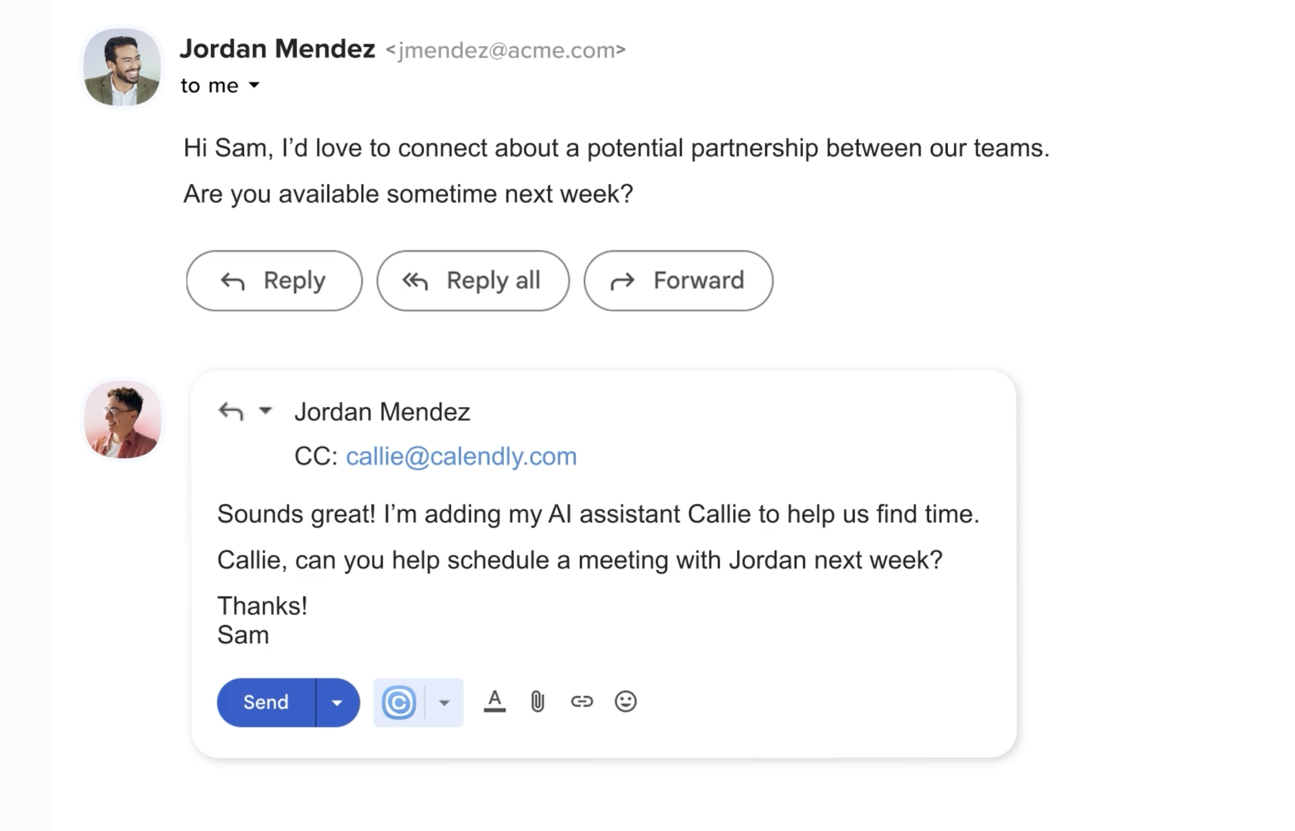 Email thread asking Callie, Calendly's AI assistant, to schedule a meeting.