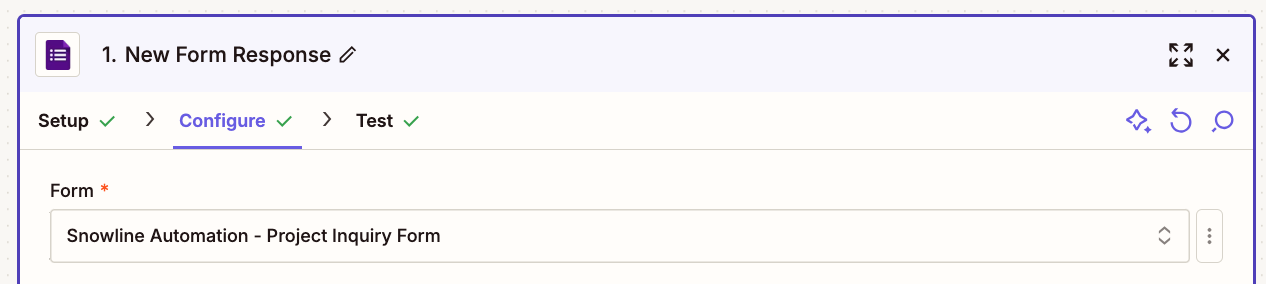 Snowline Automation is shown selected in the Form field in a Google Forms trigger step.