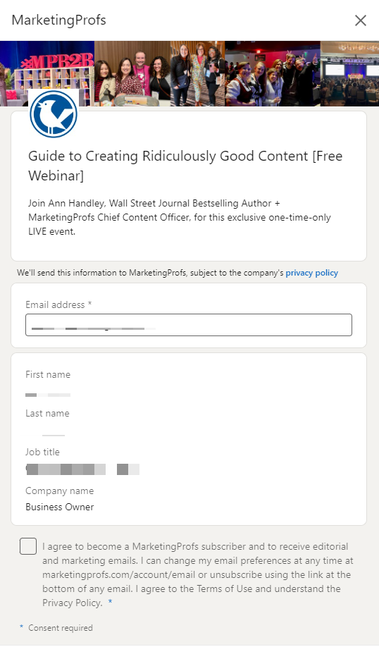 LinkedIn Lead Gen form example from MarketingProfs, with a subscribe checkbox at the bottom