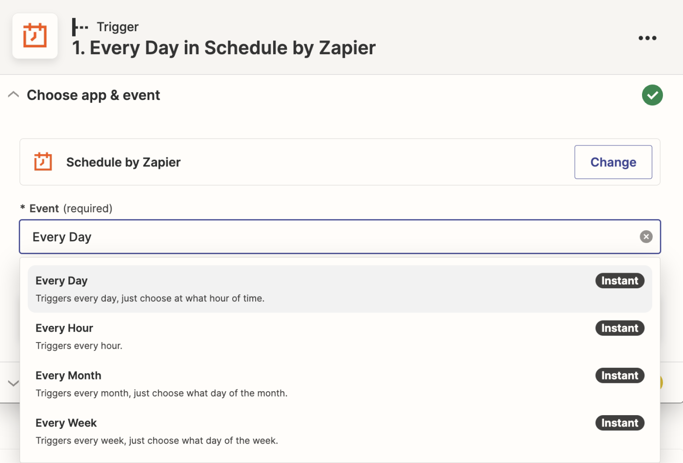 A trigger step in the Zapier editor with Schedule by Zapier selected as the trigger app.