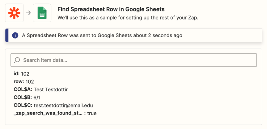 A successful test screen that says "A spreadsheet row was sent to Google Sheets about 2 seconds ago"