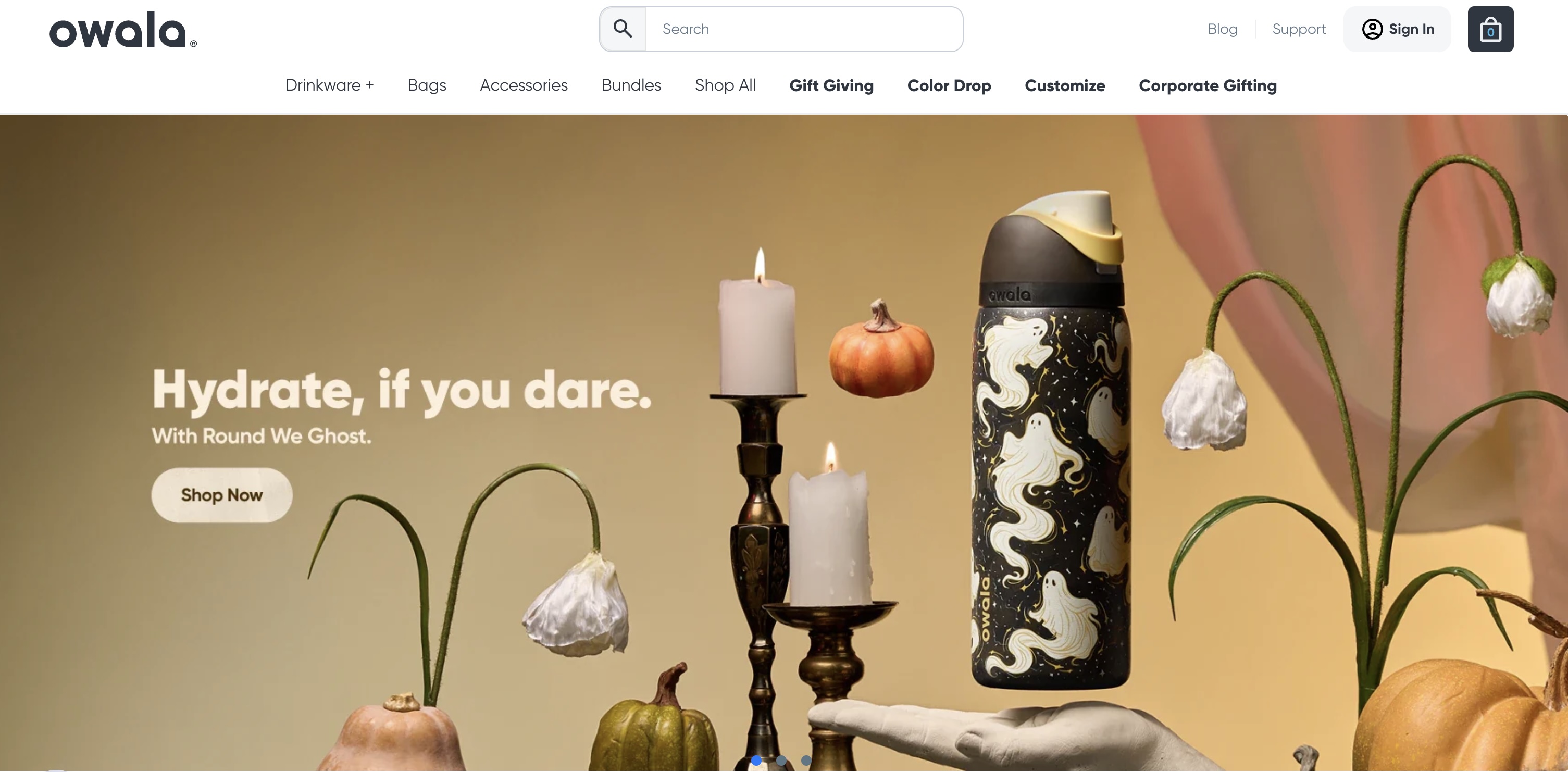 The Owala landing page featuring a Halloween water bottle