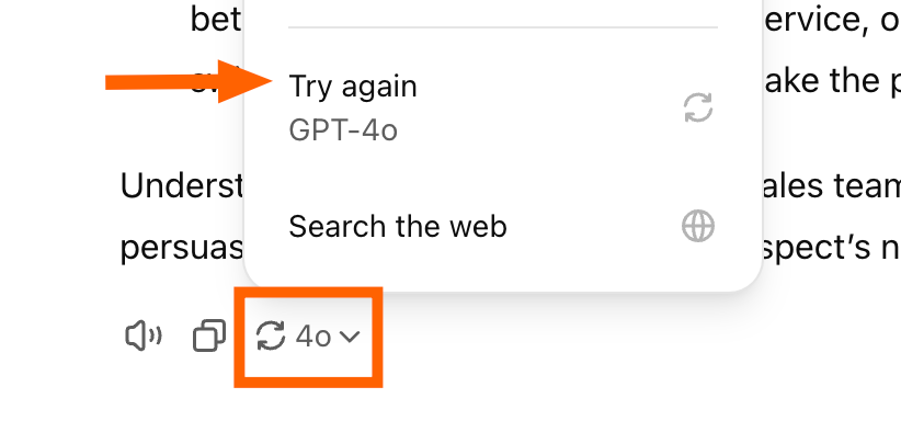 Expanded view of the model dropdown in a ChatGPT conversation with an arrow pointing to try again. 
