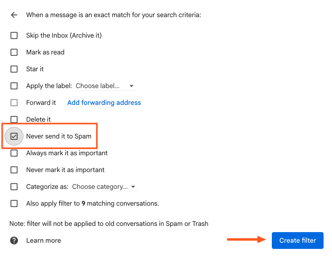 Screenshot of never send to Spam option 