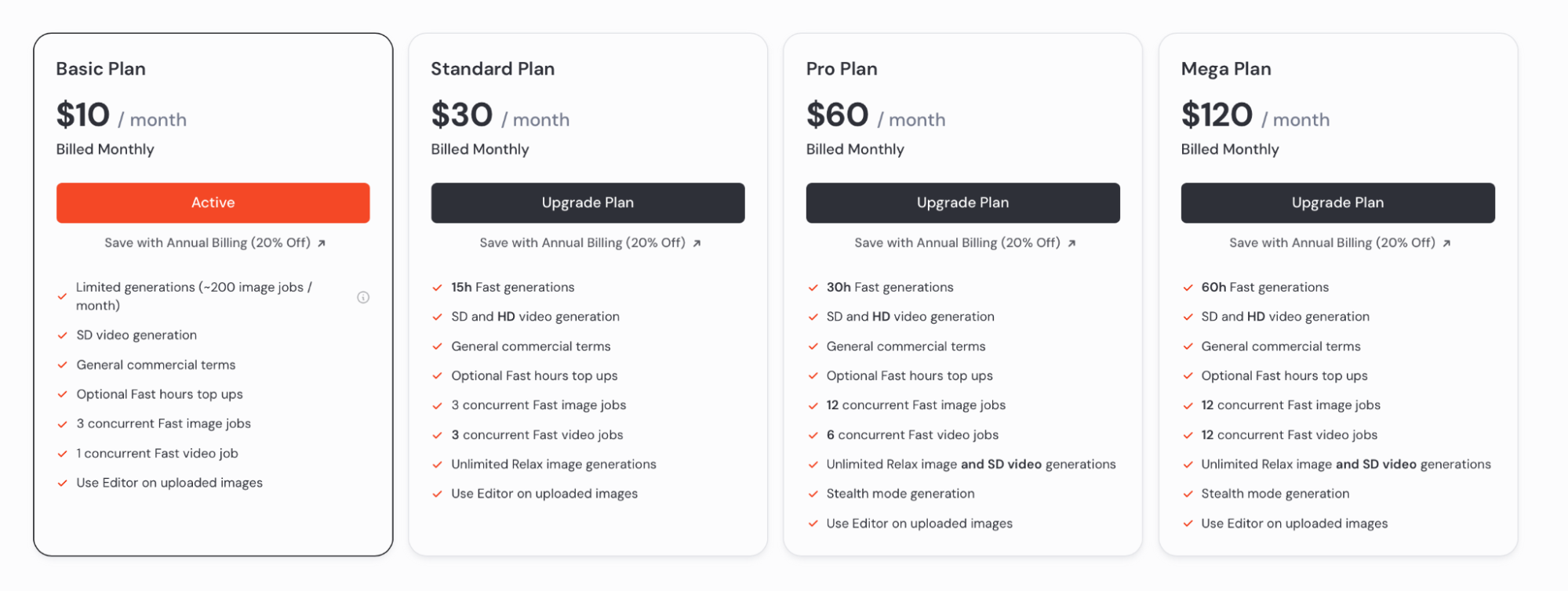 Midjourney's pricing page
