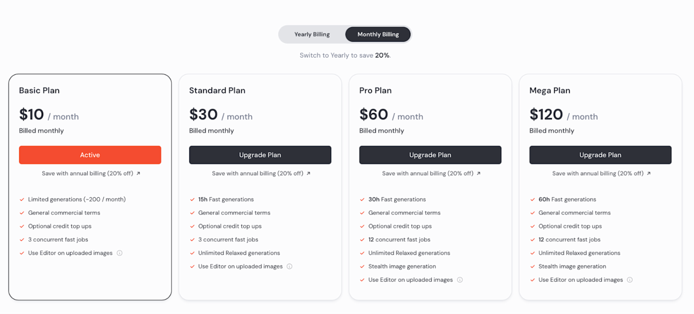 Midjourney's pricing page