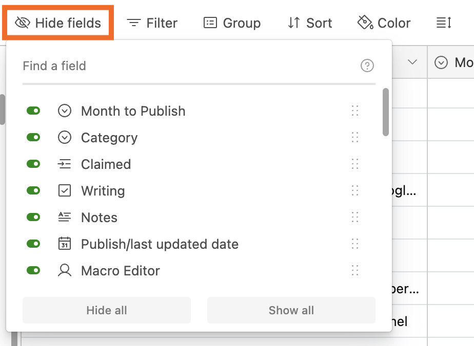 Expanded view of the hide fields dropdown in Airtable. 