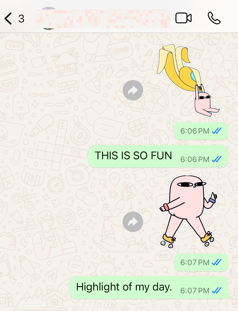 Portion of a WhatsApp conversation filled with photo cutouts turned into stickers.