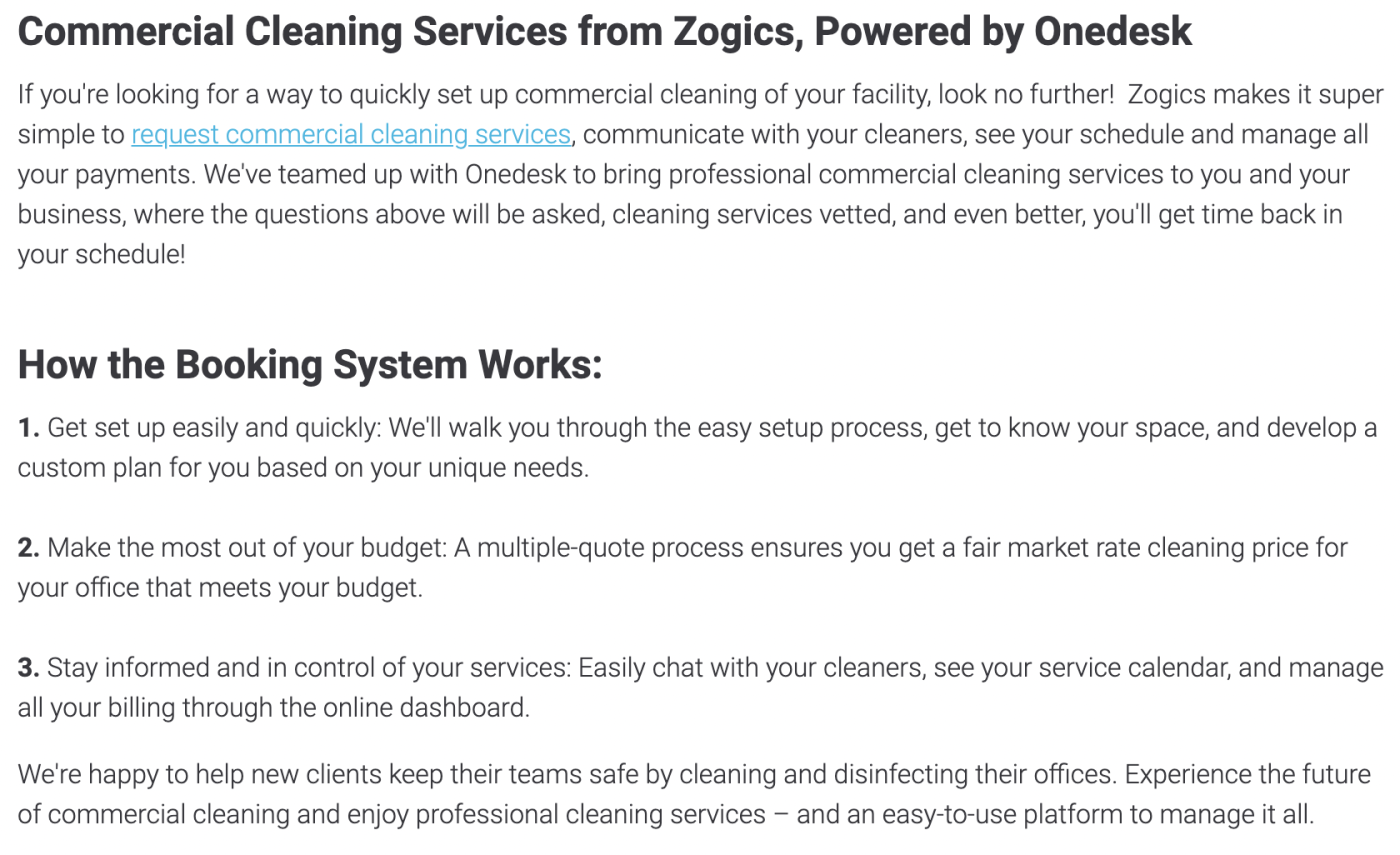 A screenshot from Zogics selling their cleaning service