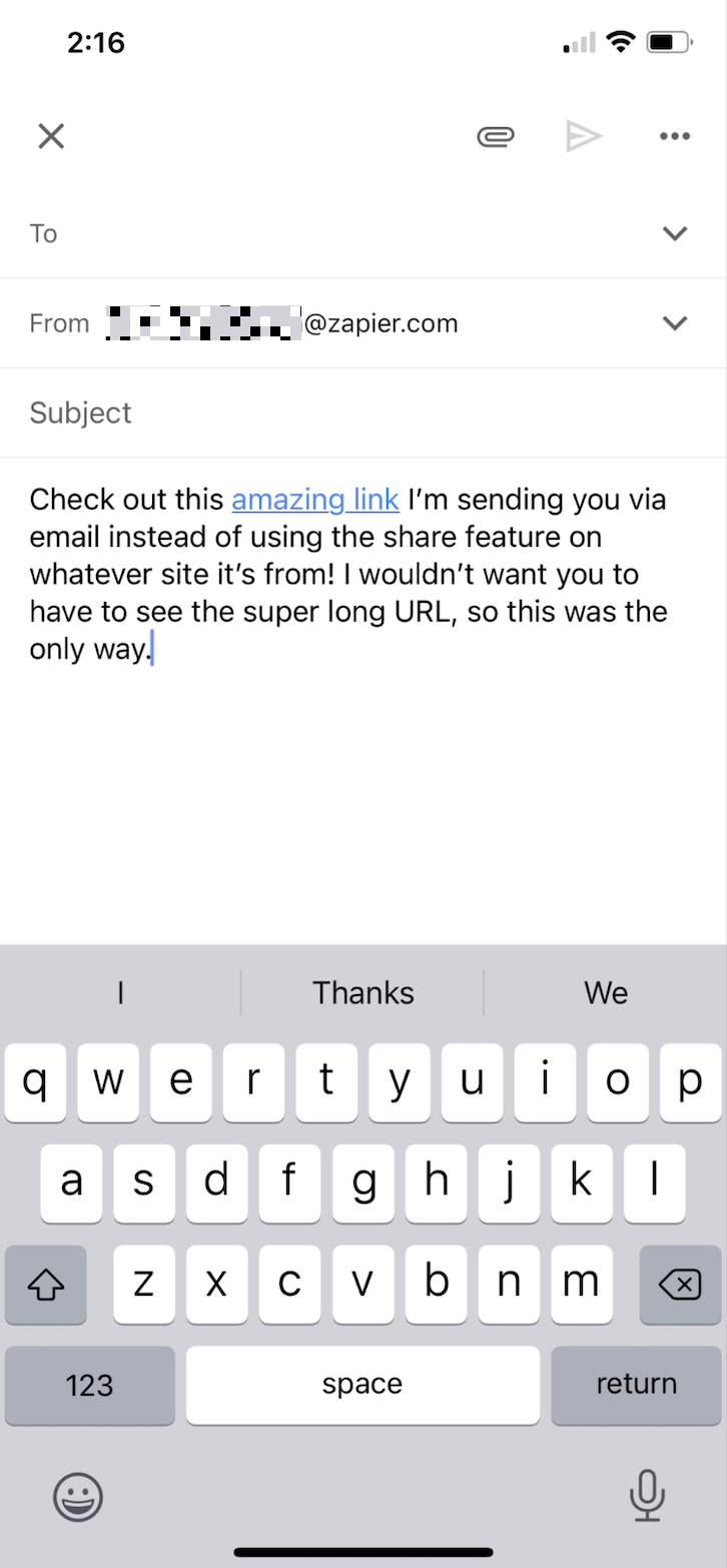Message draft with hyperlinked text in the Gmail mobile app. 