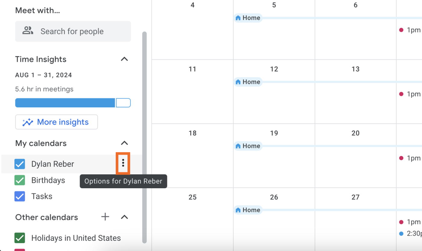 Image showing calendar options in Google Calendar