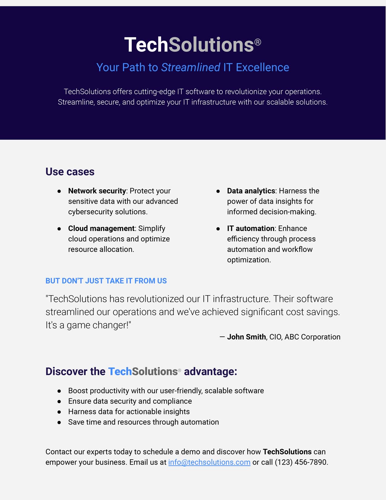Example of a B2B one-pager including use cases, customer testimonials and value propositions