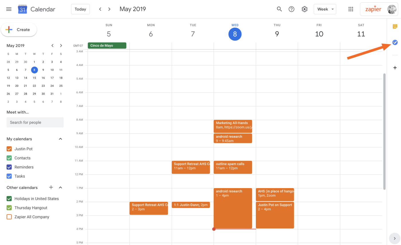 Google Tasks button in Google Calendar