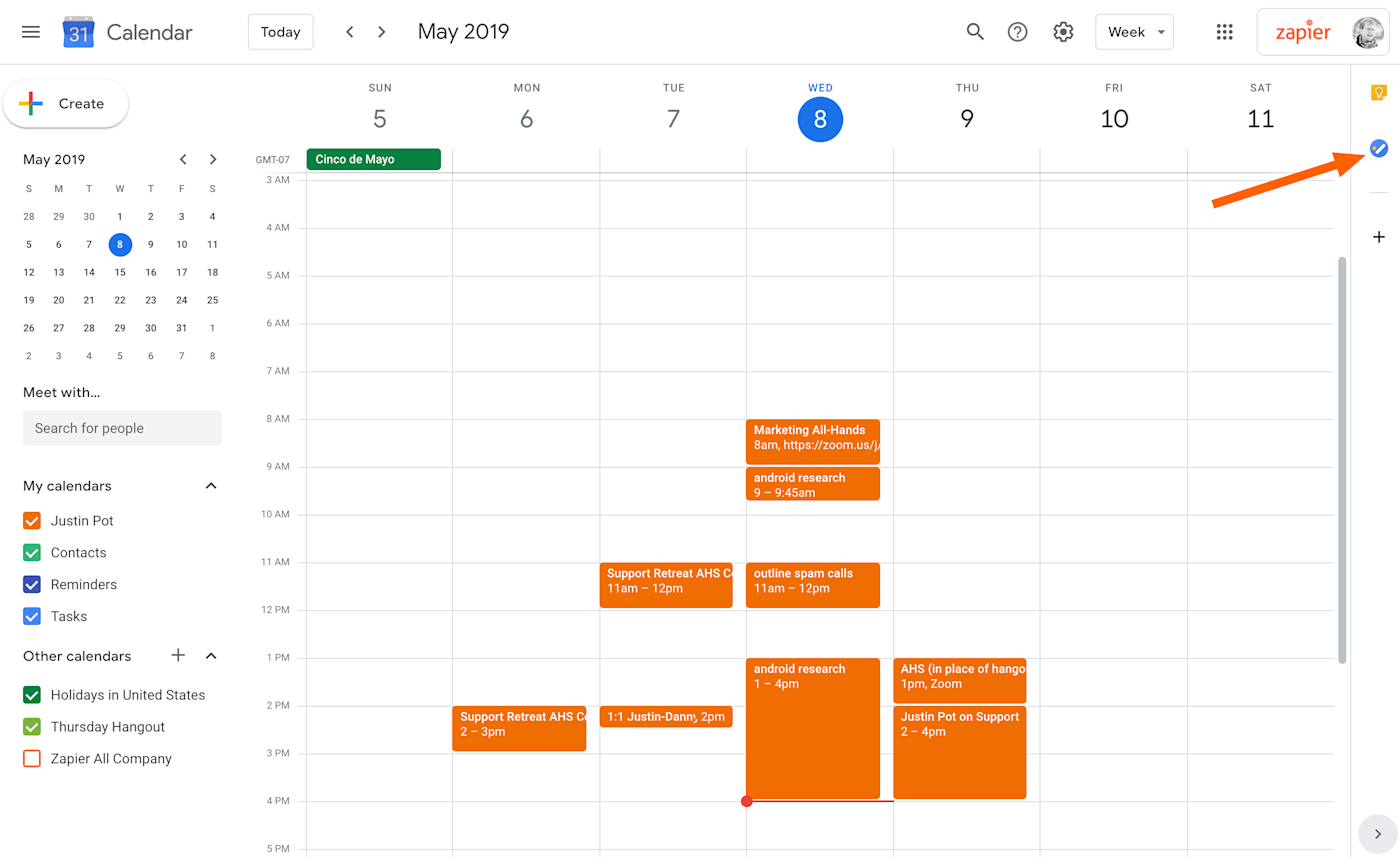 Google Tasks button in Google Calendar