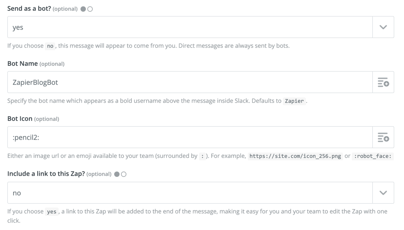 Customizing your Slack bot in Zapier