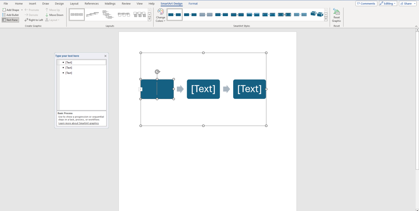 Screenshot displaying how to add a text to a flowchart template using SmartArt graphics