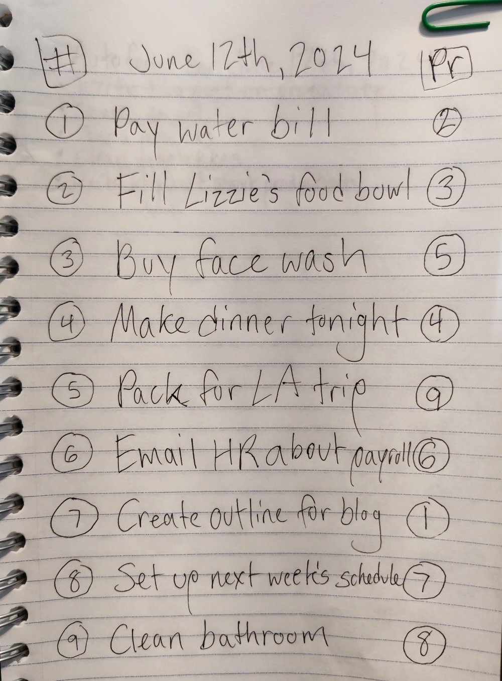 A daily task list on paper