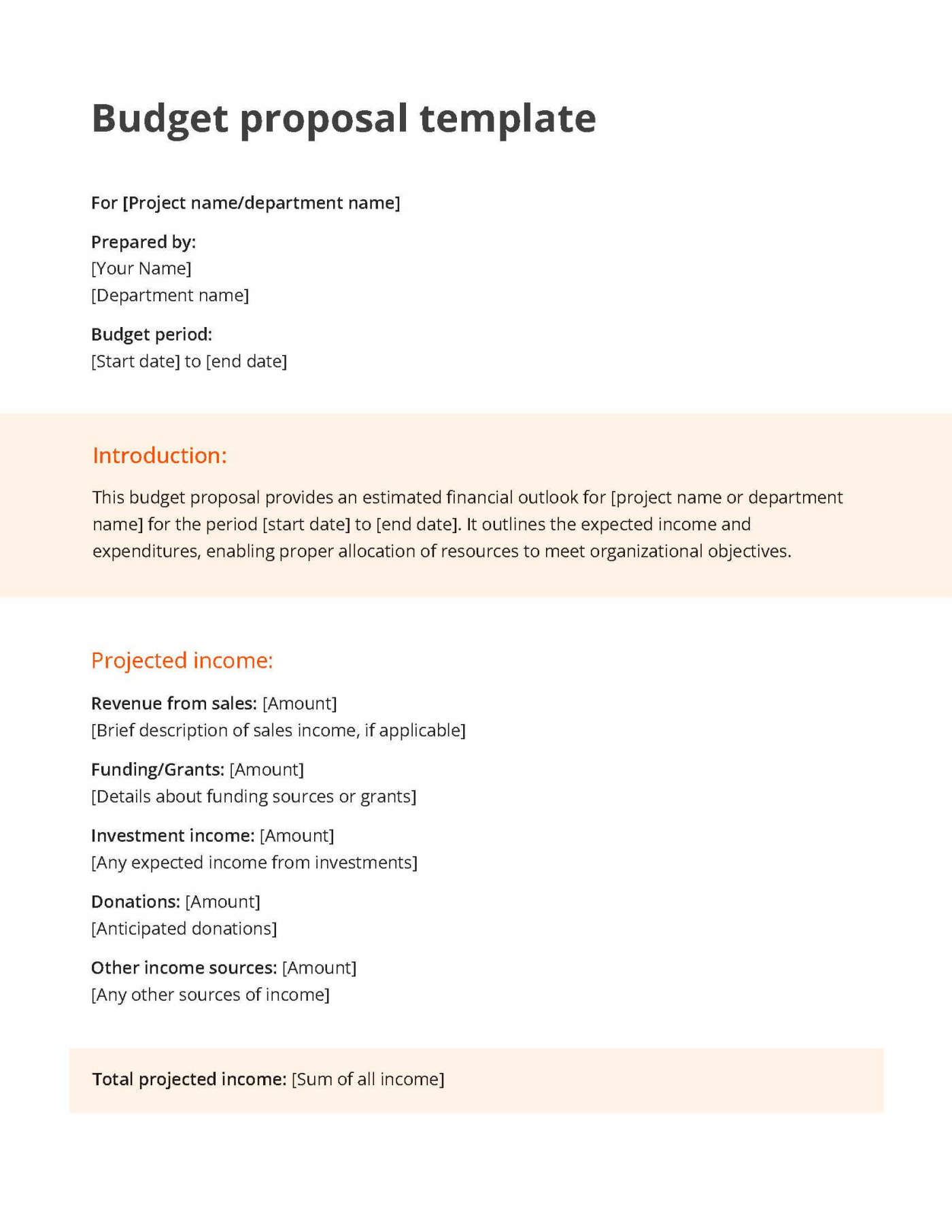 White and orange budget proposal template including a section for the introduction and projected income