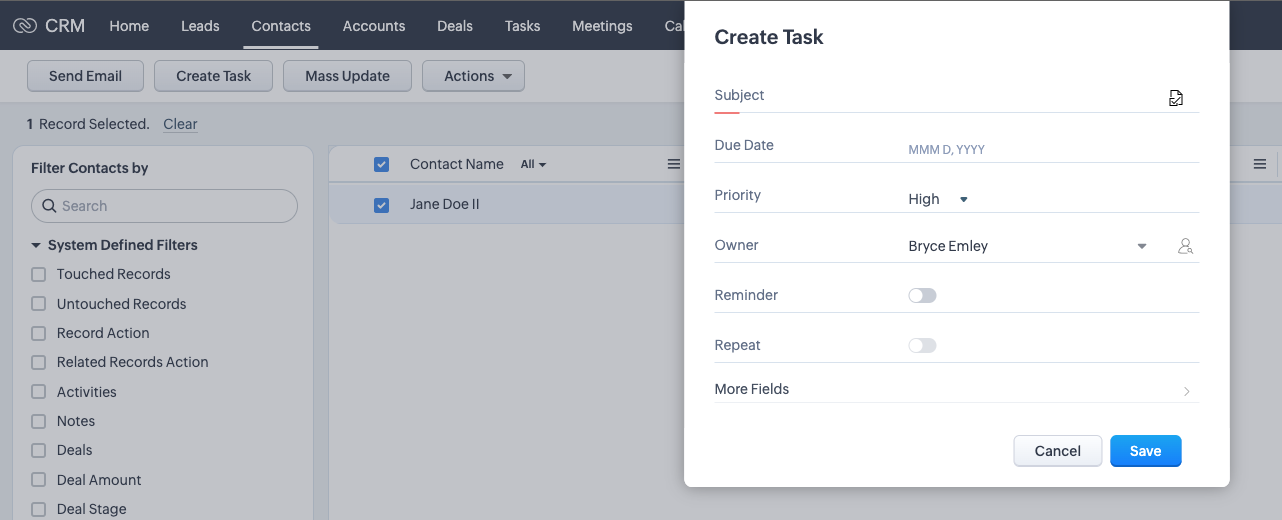 Screenshot of the author creating a task in Zoho's contact messaging app