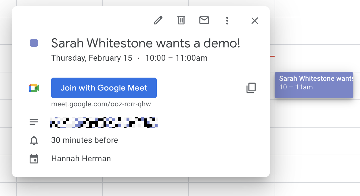 A Google Calendar event for a demo.