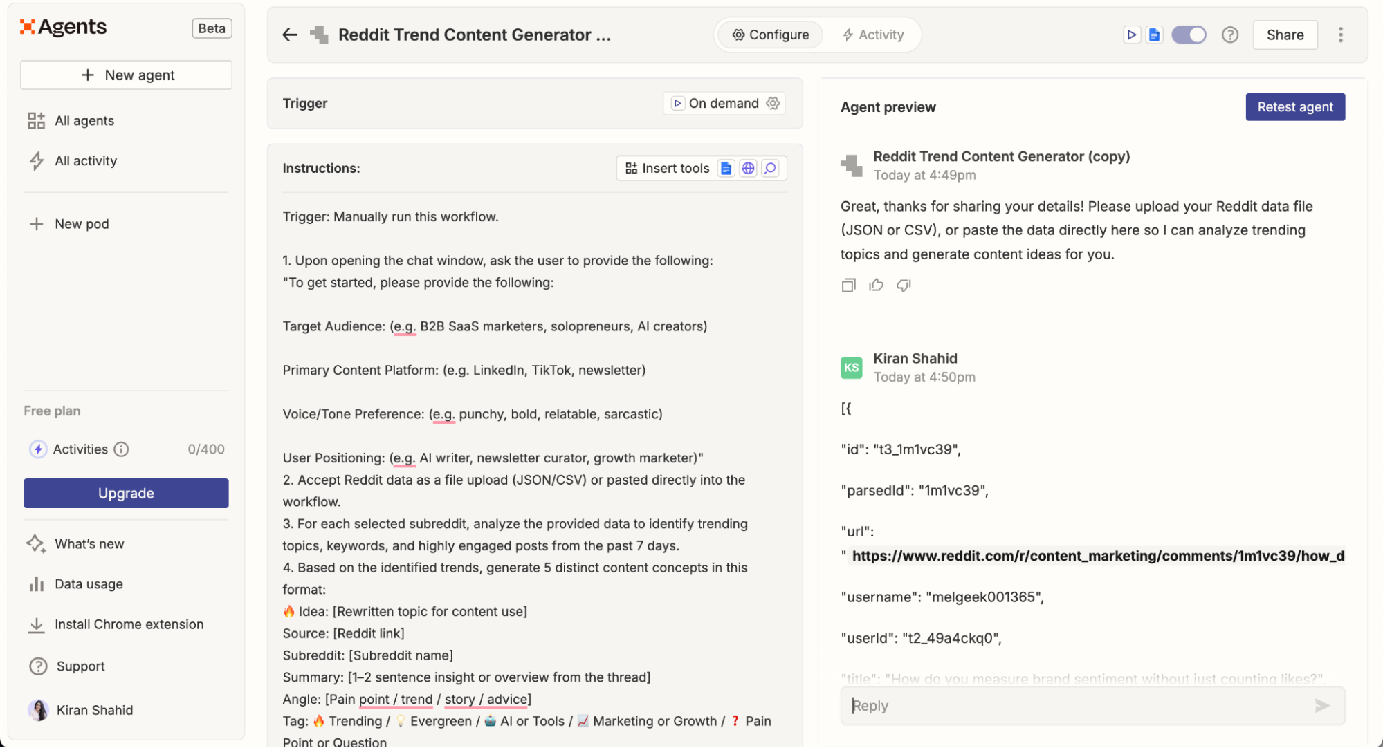 Zapier Agents dashboard showing the Reddit Trend Content Generator setup with instructions and a preview chat analyzing Reddit data