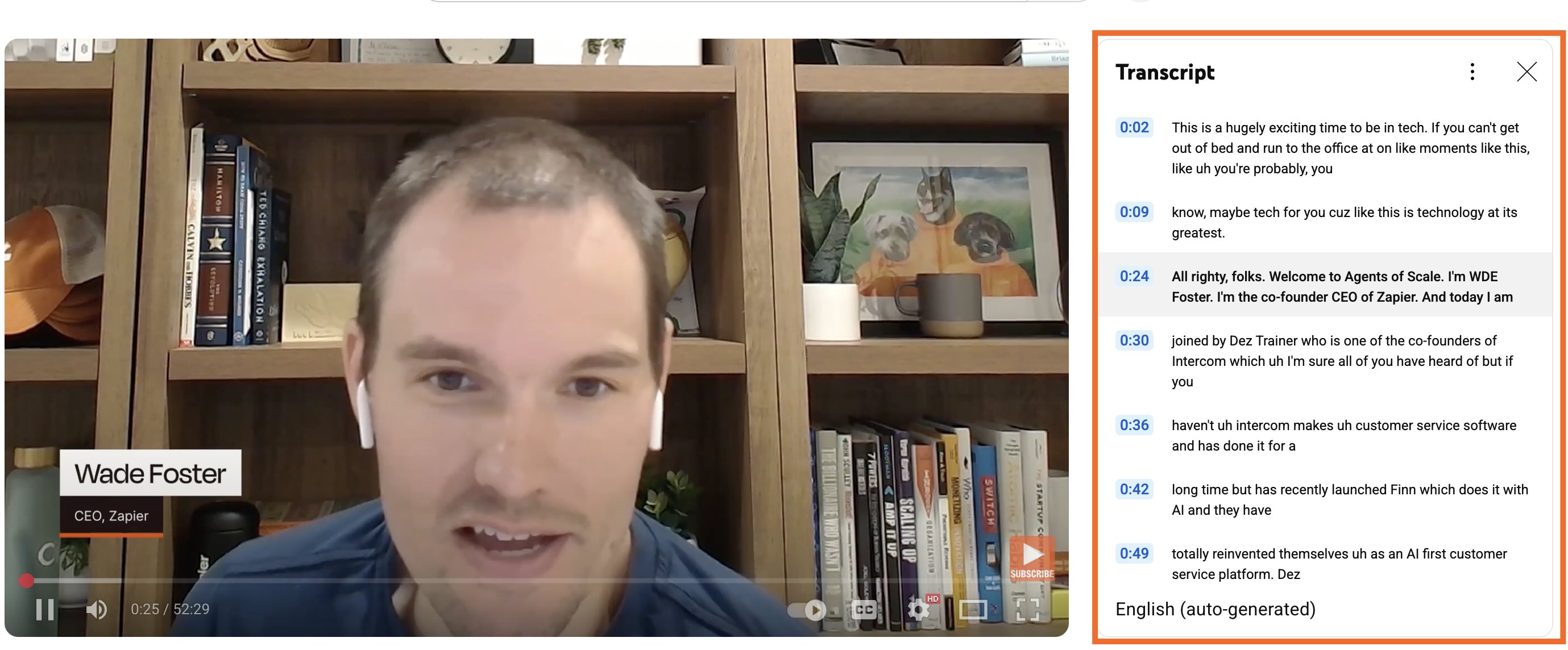 The transcript box next to a YouTube video