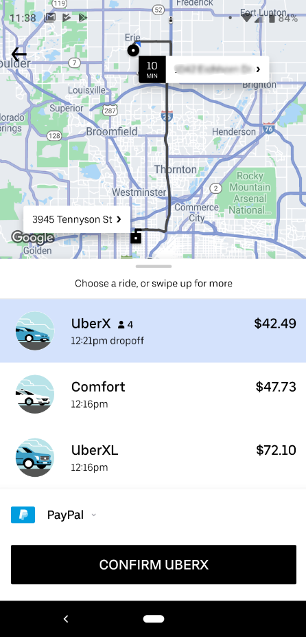 Screenshot of Uber pricing on the app