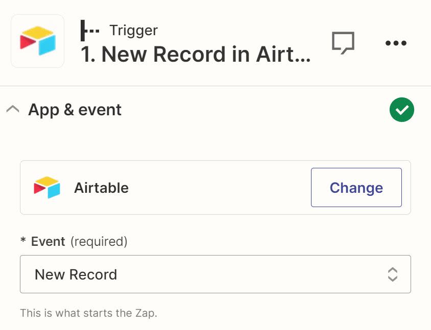 A trigger step in the Zap editor with Airtable selected for the app and New Record selected in the Event field.