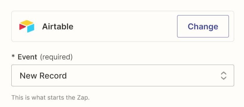 A trigger step in the Zap editor with Airtable selected for the app and New Record selected in the Event field.