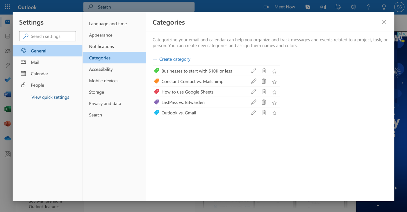 Screenshot of Outlook's categories feature. 