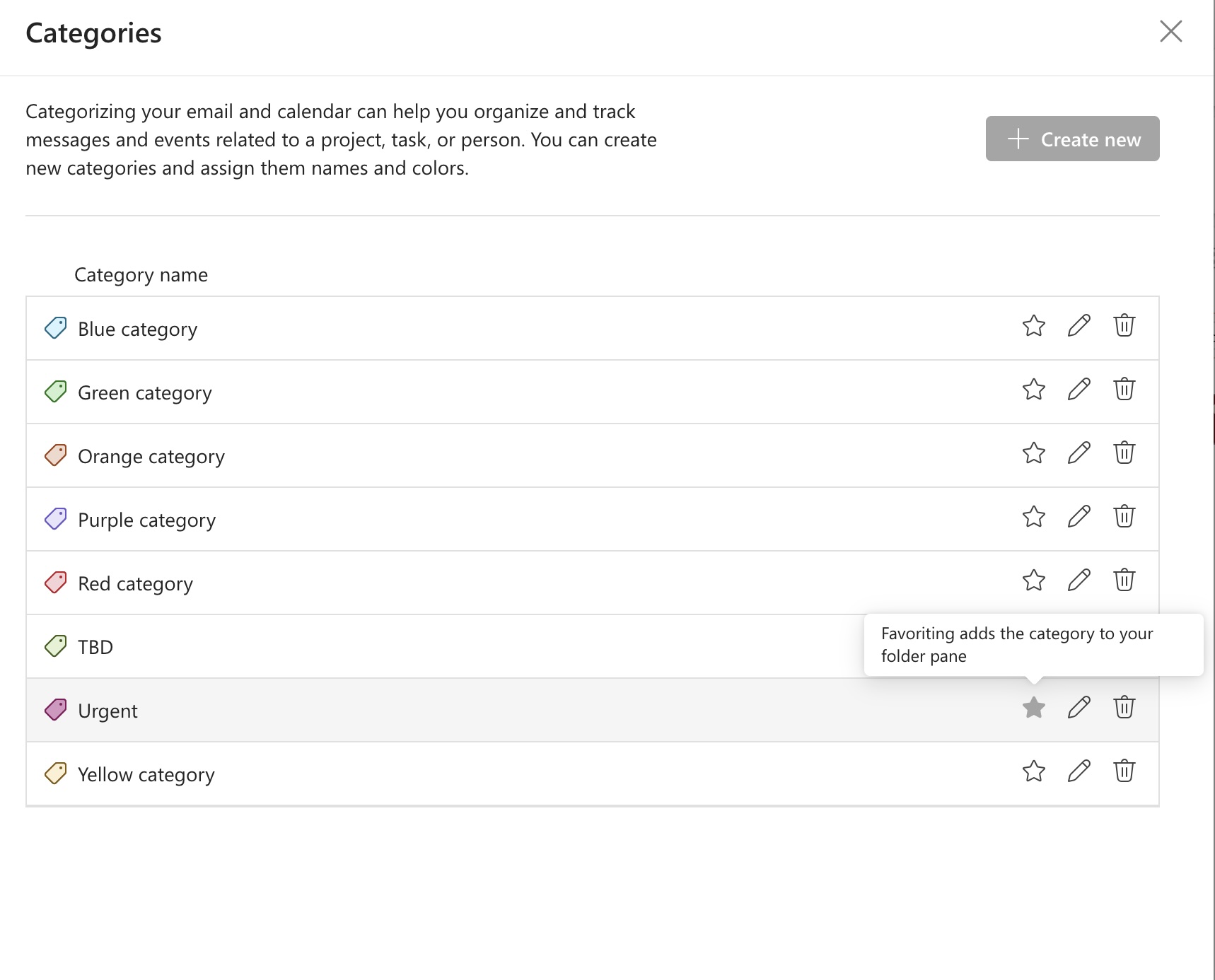Screenshot of Outlook's categories feature.